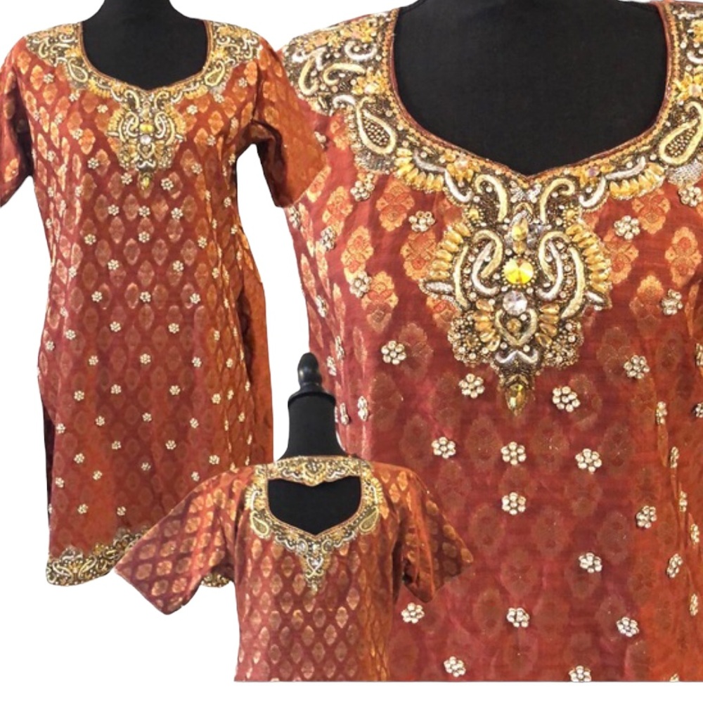 INDIAN HANDCRAFTED ORNATE JEWELED TUNIC SALWARS DRESS ORANGE GOLD SIZE LARGE